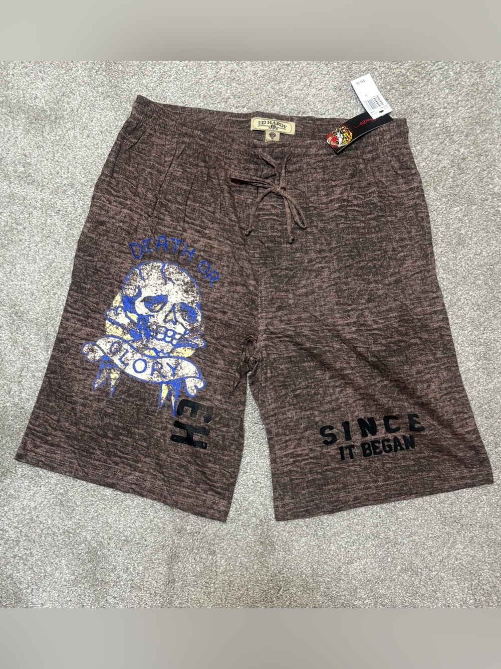 Ed Hardy Brown Men's Graphic Skull Drawstring Shorts